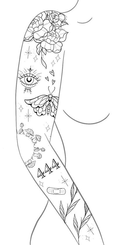 Black And White Filler Tattoo, Feminine Sleeve Tattoo Ideas For Women, Flash Tattoo Sleeve, Blitz Tattoo, Arm Sleeve Tattoos For Women, Mystical Tattoos, Feminine Tattoo Sleeves, Cute Hand Tattoos, Tattoos For Women Half Sleeve