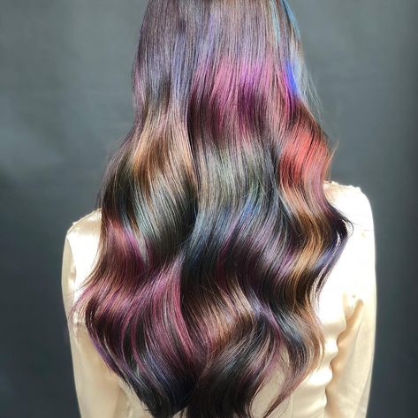 If you're looking for some festival hair color inspo, look no further than Global Creative Artist @sonyadove's multi-colored dream with a gorgeous metallic sheen. Highlights On Brunette Hair, Highlights On Brunette, Oil Slick Hair, Slick Hair, Holographic Hair, Dyed Hair Pastel, Dramatic Hair, Rainbow Hair Color, Wella Hair