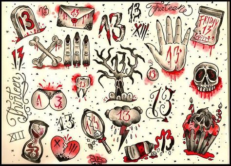 13 Tattoo Meaning, Number 13 Tattoos, Friday The 13th Flash, Friday The 13, Friday The 13th Tattoo, 13 Tattoo, Nails 2023 Pedicure, Halloween Flash, 13 Tattoos