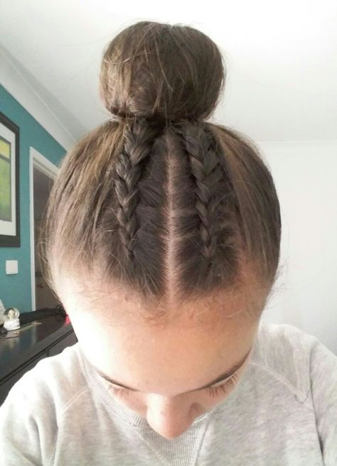 My go to hairstyle. 2 Dutch Braids into a high bun Two Braids Going Into A Bun, French Braids Into High Bun, Two Dutch Braids Into High Ponytail, 2 Braids Into High Ponytail, Braids Into High Bun, 2 Braids Into A Bun, High Bun With Braids, Braid Into High Bun, Dutch Braids Into Bun