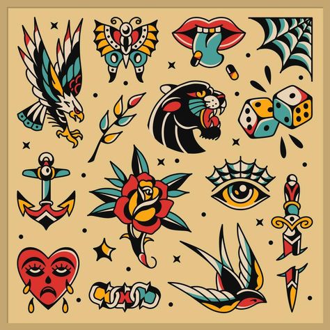 Mini Traditional Tattoo Flash, Dice American Traditional Tattoo, Beginner Traditional Tattoo, American Traditional Background, Cute Traditional Tattoo Flash, Simple Traditional Tattoo Flash, Trad Gap Filler Tattoos, Old Tattoos Vintage, Dainty Traditional Tattoos