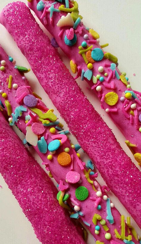 Pink Chocolate Covered Pretzels, Chocolate Covered Pretzels Rods, Trolls Birthday Cake, Pretzel Treats, Chocolate Covered Pretzel Rods, Trolls Birthday Party, Troll Party, Covered Pretzels, Pretzel Rods