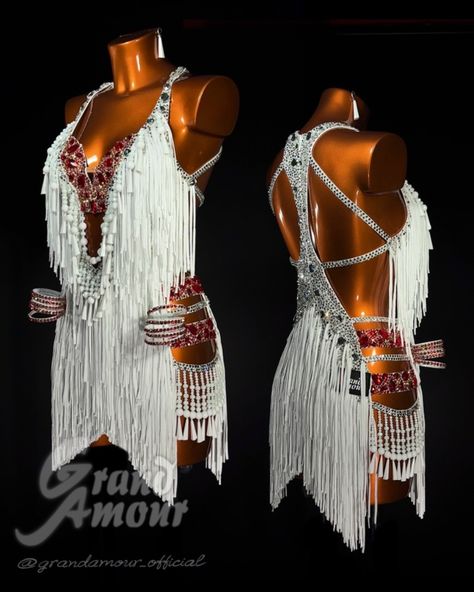 White Latin Dance Dress, Show Costumes Ideas, Latin Outfits, Latin Dresses Ideas, Fringe Latin Dress, Dancer Clothes, Rhythm Dress, Salsa Costume, Ballroom Dancing Dresses Latin