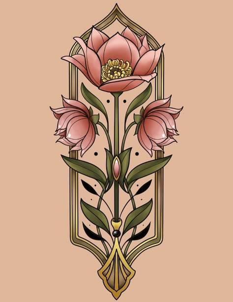 Art Deco Florals — Ink & Dagger Tattoo Art Nouveau Floral Tattoo, Art Nouveau Tattoo Flower, Art Nouveau Flowers Illustration, Art Nouveau Tattoo Design, Art Deco Tattoo, Art Deco Flowers, Art Nouveau Tattoo, American Traditional Tattoo Ideas, Nouveau Tattoo