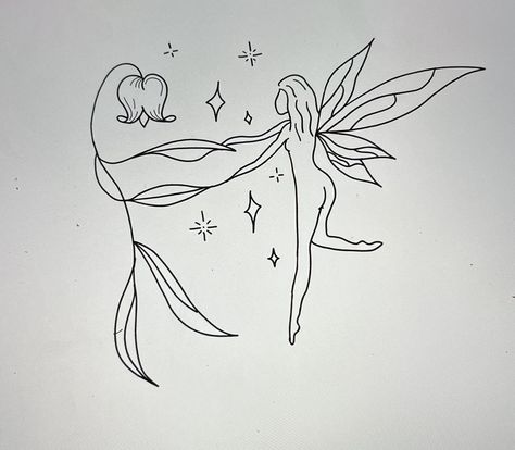 Line Work Fairy Tattoo, Dancing Fairies Tattoo, Mother Daughter Fairy Tattoo, Fairy Holding Flower Tattoo, Mushroom Person Tattoo, Tattoo Ideas Line Work, Fairy Flower Tattoo, Fairy Tattoo Stencil, Fairy Core Tattoos