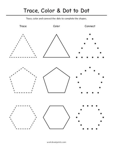 Trace, Color, Connect the Dots- Triangle, Pentagon, Hexagon Jumbled Words, Dot Worksheets, Drawing Lessons For Kids, Worksheets For Kindergarten, Math Addition, Tracing Letters, Connect The Dots, Special Education Classroom, Drawing Lessons