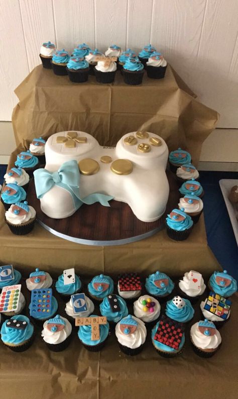 Gamer baby shower for a baby boy Gamer Gender Reveal Ideas For Party, Gender Reveal Gamer Theme, Video Game Baby Shower Theme, Gender Reveal Ideas For Gamers, Video Game Gender Reveal Ideas, Video Game Baby Shower Ideas, Gamer Baby Shower Ideas, Gamer Gender Reveal Ideas, Anime Baby Shower Ideas