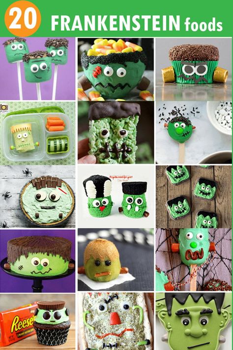 20 Frankenstein food ideas for Halloween -- A roundup of fun food crafts for your Halloween party or for Halloween classroom treats. Frankenstein Food, Food Ideas For Halloween, Halloween Classroom Treats, Halloween Party Food, Halloween Foods, Treats Halloween, Halloween Classroom, Classroom Treats, Frankenstein Halloween