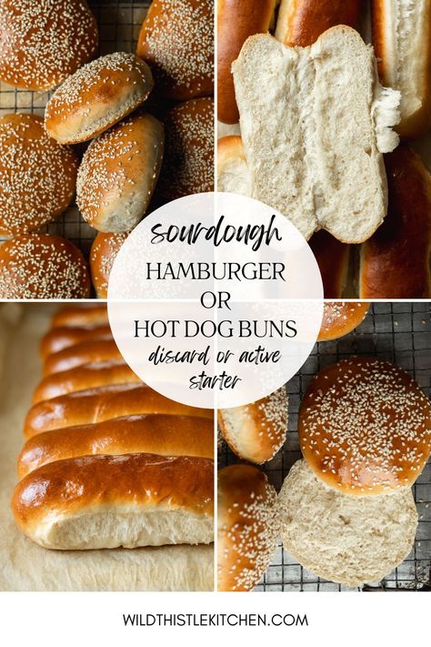 This versatile, no-nonsense recipe can be used to make Sourdough Hamburger Buns or Sourdough Hot Dog Buns using either active starter or discard. Of course these soft, fluffy-yet-sturdy buns are perfect for classic burgers and dogs, but don't stop there - I love to use them for buttery lobster rolls, egg or tuna salad, pulled pork sandwiches, and breakfast sandwiches too. #sourdoughhamburgerbuns #sourdoughhotdogbuns #sourdoughhamburgerbunsdiscard #sourdoughhamburgerbunssameday Sourdough Hot Dog Bun, Hamburger Buns Sourdough Discard, Sourdough Discard Recipes Hamburger Buns, Sour Dough Hot Dog Buns, Easy Sourdough Discard Hamburger Buns, Discard Hot Dog Buns, Soft Sourdough Hamburger Buns, Easy Sourdough Burger Buns, Quick Homemade Hamburger Buns