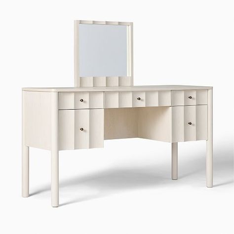 makeup table | West Elm Scalloped Vanity, Storage Desk, Wood Framed Mirror, Makeup Table, Shop Makeup, Vanity Desk, Drawer Box, Wood Mirror, Desk Set