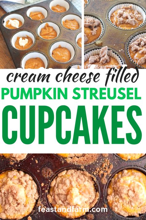 Cream cheese inside your cupcakes?Oh yes! These easy pumpkin and cream cheese treats are so moist. You're going to love them! #pumpkincupcakes #cupcakes #pumpkindesserts #pumpkincupcakeseasy #pumpkincreamcheesefrosting Pumpkin Cupcakes Easy, Cupcakes With Cream Cheese Filling, Streusel Cupcakes, Filling Cupcakes, Pumpkin And Cream Cheese, Pumpkin Cupcakes With Cream Cheese, Pumpkin Inspo, Autumn Countryside, Pumpkin Rolls