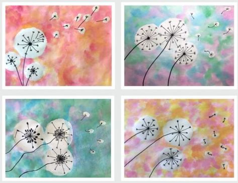 3rd Grade Art Lessons Ideas, Art With Movement, Grade 3 Art Ideas, Art 4th Grade, 3rd Grade Art Projects, Grade 3 Art, String Painting, Dandelion Puffs, Dandelion Painting