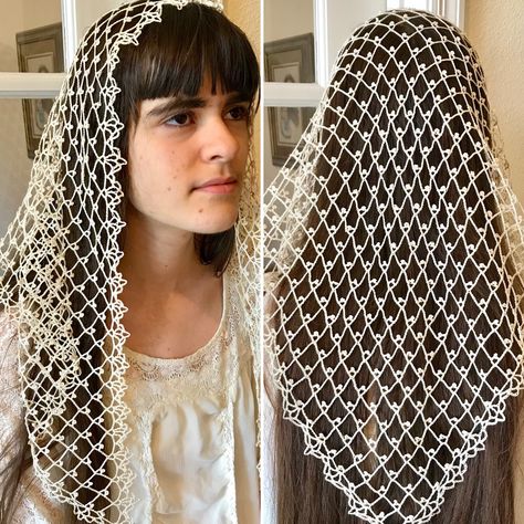 Picot Lace Crocheted Catholic Chapel Veil in Cream - Custom order Chapel Veil Pattern, Crochet Chapel Veil, Crochet Mantilla, Crochet Veil, Veil Pattern, Chapel Veils, Chapel Veil Catholic, Snood Pattern, Crochet Snood