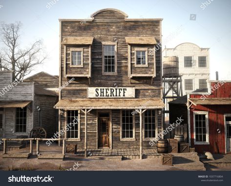 Rustic western town sheriff's office. 3d rendering. Part of a western town series Western Cafe, Old West Saloon, Old Western Towns, Old West Town, Western Saloon, Old Western, Town Building, West Town, Western Town