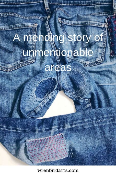 Subtle Mends for Unmentionable Areas I teach workshops on visible mending regularly, and by far, the most requested mend is the dreaded crotch repair. Luckily, it's a pretty simple repair.  If you are like me, jeans are my favorite article of clothing to wear. And a well fitting pair of jeans is magic, and also tragic Jean Alterations, Visible Mending Jeans, Jean Mending, Visible Mending Stitches, Sashiko Tutorial, Sewing Area, Clothing Repair, Repair Jeans, Denim Repair