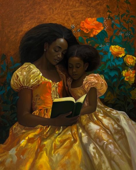 "I Am Enough"  Chapter VII: Mother and Daughter series Oil and Acrylic on Canvas 2024  Artist: Ikechukwu Nnadi @nnadiarts #ikechukwunnadi Mother Daughter Reading, Representation Matters, African Pottery, Black Dancers, African American Beauty, Medieval Paintings, Contemporary African Art, Beauty In Art, Paintings Famous