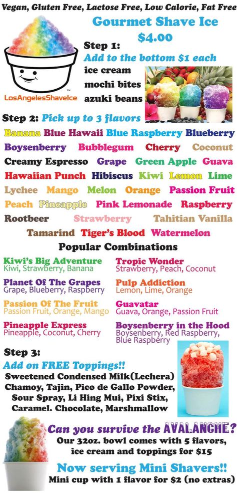 Snow Cone Flavors Recipes, Snow Cone Recipes Shave Ice, Shaved Ice Truck Ideas, Shaved Ice Trailer Ideas, Sno Cone Ideas, Shave Ice Recipe, Gourmet Snow Cones, Snowcone Flavor Combos, Slushy Business