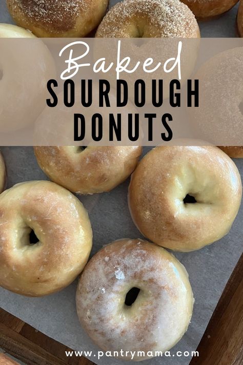 Baked sourdough donuts drizzled in glaze or cinnamon sugar. Use your sourdough starter to create these delicious baked sourdough treats! Sourdough Doughnut Recipe Baked, Sourdough Doughnuts Baked, Baked Sourdough Doughnut Recipe, Air Fryer Sourdough Donut Recipes, Sourdough Donuts Air Fryer, Sourdough Baked Donut Recipe, Donut Recipes Baked, Sourdough Cakes, Sourdough Doughnut Recipe