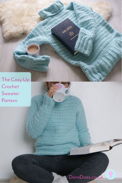 The Cosy Up Crochet Sweater Pattern. Simple women's roll neck crochet jumper in sizes XS-3X. Made with chunky We are Knitters The Petite Wool, it has a ribbed neck, hem and cuffs with thumb holes. Part of Dora Does My Crochet Wardrobe for beginner crochet clothing patterns. #easysweater #crochetsweater #simple #crochetpattern #sweaterpattern #crochet #crochetwardrobe Crochet Clothing Patterns, Crochet Wardrobe, Crochet Sweater Pattern Women, Hat Ponytail, Crochet Sweater Free, Crochet Sweater Pattern, Crochet Sweater Pattern Free, Crochet Jumper, Sweater Chunky