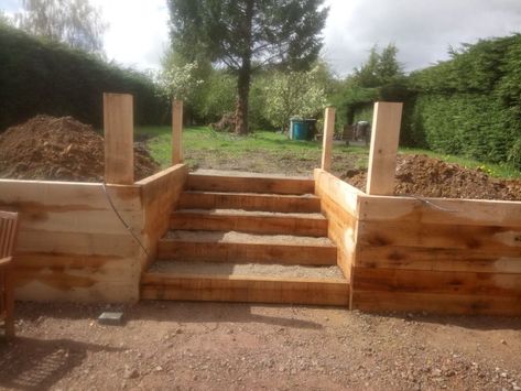 Garden With Railway Sleepers, Sleeper Walls Retaining, Oak Sleeper Retaining Wall, Sleeper Steps Garden, Railway Sleepers Garden Ideas, Sleeper Steps, Railway Sleepers Garden, Retaining Wall Patio, Sleeper Retaining Wall