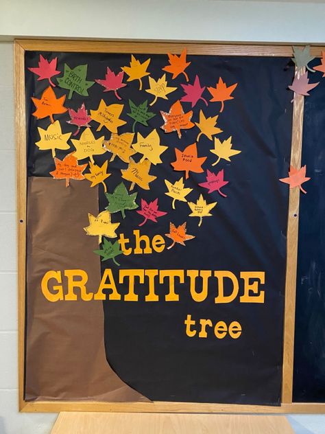 Science Fall Bulletin Board Ideas, Classroom Gratitude Wall, Bulletin Board November Ideas, What Are You Thankful For Bulletin Board, November Bulletin Boards For College, Grateful Bulletin Board, Attitude Of Gratitude Bulletin Board, Ra November Bulletin Boards, November School Bulletin Board Ideas