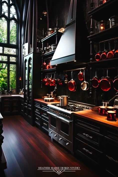 Modern Spooky House, Goth Interior Design Kitchen, Dark Gothic Kitchen, House Design Gothic, Gothic Farmhouse Decor Kitchen, Black Victorian Kitchen, Dramatic Kitchen Design, Gothic Kitchen Cabinets, Gothic House Kitchen