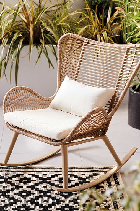 Bedroom With Balcony, Baby Rocking Chair, Rattan Rocking Chair, Porch Chairs, Rocking Chair Cushions, Rocking Chair Set, Boho Outdoor, Rocking Chair Nursery, Boho Chair