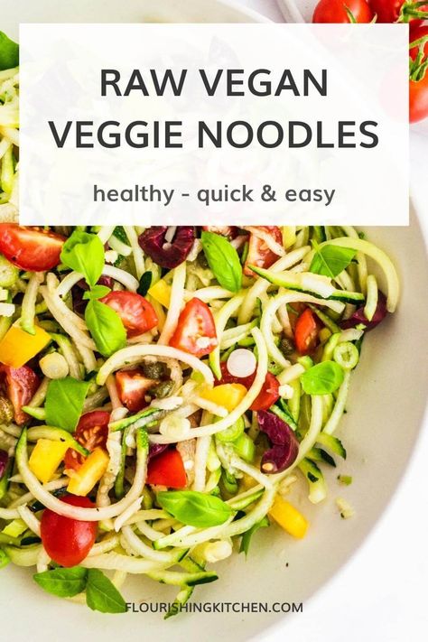 A bowl of raw veggie noodles with vegetables and topped with fresh basil leaves. Spaghetti With Vegetables, Courgetti Recipe, Sweet Salad Dressings, Caper Vinaigrette, Raw Salad Recipes, Raw Vegan Dinners, Raw Vegan Dinner Recipes, Mediterranean Vegetables, Summer Mediterranean