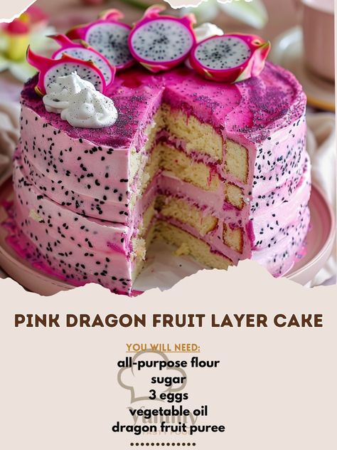 🍰🐉 Experience the exotic taste and vibrant color of our Pink Dragon Fruit Layer Cake! #DragonFruitCake #ColorfulBaking 🍽️ Pink Dragon Fruit Layer Cake 🛒 Ingredients: 200 grams all-purpose flour 200 grams sugar 3 eggs 100 ml vegetable oil 100 ml dragon fruit puree 10 grams baking powder Frosting: 300 grams cream cheese 150 grams powdered sugar 100 ml whipping cream 👩‍🍳 Instructions: Prepare Batter: Beat eggs and sugar until fluffy. Mix in oil and dragon fruit puree. Gradually add flour and... Dragon Fruit Cake Recipe, Dragonfruit Cake, Cakes With Frosting, Fruit Layer Cake, Dragon Fruit Dessert, Cake Buah, Dragon Fruits, Pink Dragon Fruit, Fruit Slices