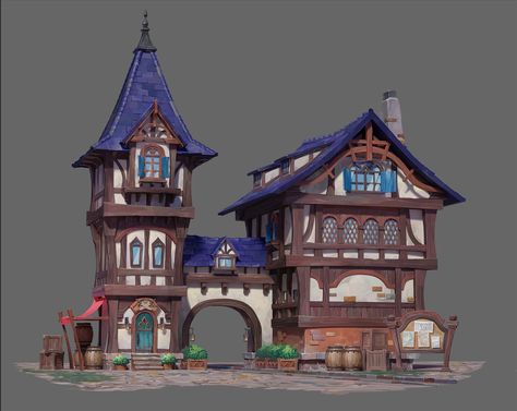 ArtStation - medieval house, Jeongwon Fantasy House Concept, Stylized House, Tiny Glade, Theme Park Planning, Swiss House, Medieval House, Apartment Exterior, Minecraft Medieval, Harbor House