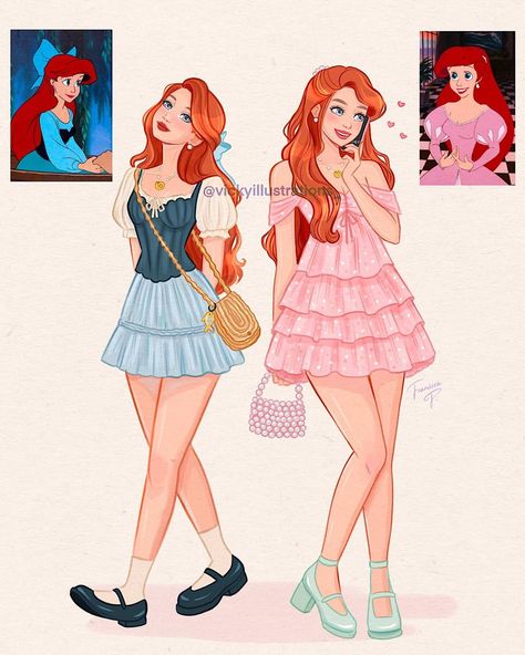 Modern Ariel, Fanart Challenge, Ariel Drawing, Little Mermaid Characters, Disney Doodles, Redhead Art, Ariel Cosplay, Pink And Blue Dress, Modern Clothes