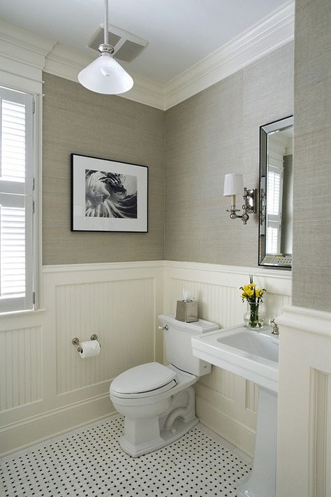 Chair Rail Molding Ideas for the Bathroom | RenoCompare Traditional Powder Room, Powder Room Design Ideas, Makeover Kamar Mandi, Powder Room Design, Bad Inspiration, Bathroom Redo, Bathroom Renos, Metroid, Bath Remodel