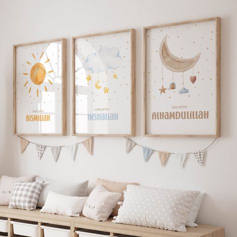 Set of 3 Islamic Wall Art Prints Children 3 Piece Muslim - Etsy Ireland Hope With Inshallah, Neutral Posters, Start With Bismillah, Newborn Room, Kids Bedroom Inspiration, Toddler Rooms, Art Calligraphy, Neutral Design, Nursery Printables