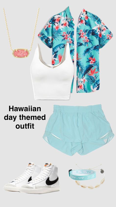 Hawian Day Outfit Ideas, Hawian Themed Outfits Football Game, Hawaiian Pep Rally Outfit, Hawaiian Out Football Game Outfit, Hawwain Theme Outfits, Hawaiin Theme Outfit Football Game, Preppy Football Game Outfit, Hawian Theme Outfits, Hawaii Outfits Football Game