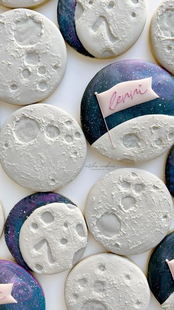 Moon Cookies Decorated, Planets Cookies, Outer Space Cookies Decorated, Space Cookies Decorated, Solar Eclipse Cookies, Moon Cookies Royal Icing, Two The Moon Cookies Decorated, Space Theme Cookies, Two The Moon Cookies