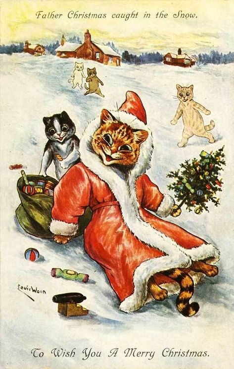 Images Noêl Vintages, Cat Christmas Cards, Louis Wain Cats, Christmas Season Greetings, Louis Wain, Santa Cat, Vintage Christmas Images, Adorable Kitten, Jolly Santa