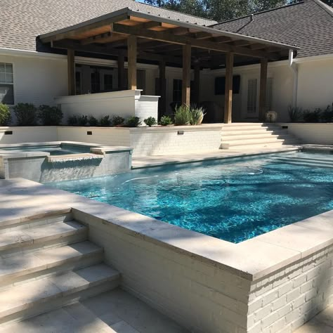 Terraced Pool Deck, Deck To Inground Pool Transition, Pool Lower Level Than House, Patio To Pool Transition, Deck To Pool Transition, Wood Deck Pool, Terraced Pool, Pergola And Pool, Deck With Outdoor Kitchen