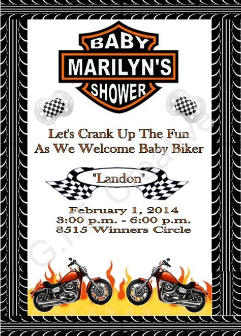 Harley Davidson Motorcycle Baby Shower Invitation Harley Davidson Baby Shower Ideas, Motorcycle Party Ideas, Harley Davidson Baby Shower, Baby Shower Motorcycle, Jewellery Tiffany, Harley Baby, Motorcycle Party, Biker Baby, Motorcycle Baby