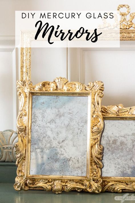 This stunning collection of antique gilded mirrors are actually DIYed using ornate thrift store frames. This tutorial shows you how to make DIY mercury glass using mercury glass spray paint and how to gild using gold leaf sheets. | Mercury Glass | Gilding |Thrift Store Crafts | #goldleaf #mercuryglass #antiquemirrors #thriftstorecrafts Mercury Glass Spray Paint, Mirror Spray Paint, Mercury Glass Mirror, Krylon Looking Glass, Looking Glass Spray Paint, Glass Spray Paint, Mercury Glass Diy, Gilded Mirror, Old Picture Frames