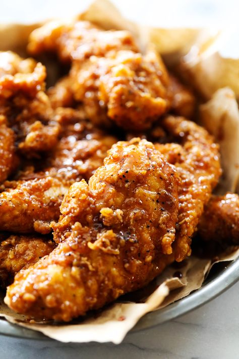 Spicy Honey Crispy Chicken Tenders Hot Chicken Tenders Recipe, Honey Hot Chicken Tenders, Honey Crispy Chicken, Honey Hot Chicken, Hot Chicken Tenders, Spicy Honey Chicken, Honey Fried Chicken, Chicken Tenders Recipe, Fried Chicken Tenders