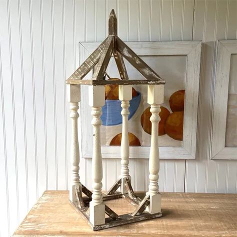 Distressed Wood Lantern Frame | Antique Farmhouse Old Lantern Decor Ideas, Spindle Ornaments, Stick Projects, Yard Lighting, Easy Small Wood Projects, Rustic Wood Lanterns, Wooden Lantern, Wood Yard Art, Old Lanterns