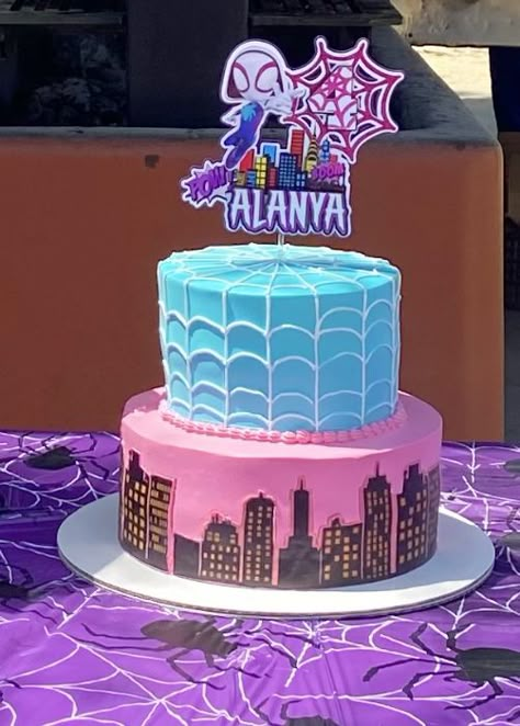 Spider Gwen Birthday Party Cake, Spidergwen Cake, Pink Spiderman Birthday Party, Girl Spidey Birthday Party, Spider And Friends Cake, Spidey Girls Party, Ghost Spider Cupcakes, Gwen Stacy Cake, Ghost Spidey Birthday Party Ideas