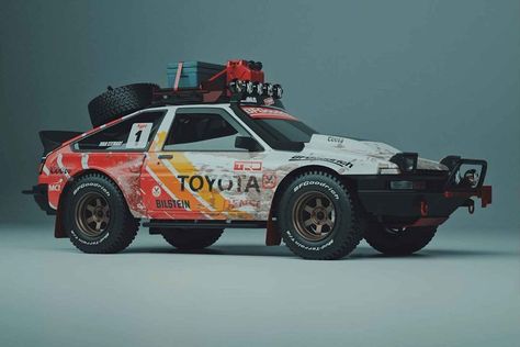 No adventure van? No problem. Designer Stevo has created an off-road, rally-ready version of Toyota's legendary AE86 mid-engine coupe, fully equipped for off-the-grid adventure. The... Mobil Off Road, Corolla Ae86, Kombi Motorhome, Toyota Ae86, Trophy Truck, Concept Car Design, Ae86, Rally Car, Vehicle Design