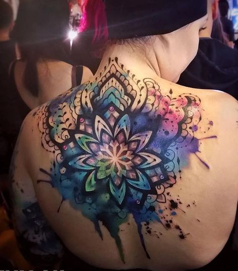 Colorful Rose Tattoos, Watercolor Heart Tattoos, Watercolor Tattoo Sleeve, Colorful Sleeve Tattoos, Cover Up Tattoos For Women, Upper Back Tattoos, Colorful Tattoos, Bright Tattoos, Watercolor Mandala