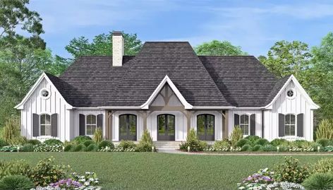 European French Country House, French Cottage House, Modern French Country House Plans, One Story Farmhouse, French Cottage House Plans, Modern French Country House, Closet With Laundry, Farmhouse Floor Plan, Fireplace Feature Wall