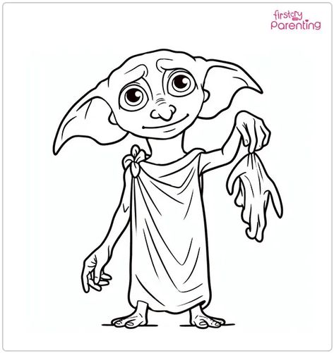 Harry Potter Coloring Pages Dobby Harry Potter Dobby Drawing, Dobby Drawing Easy, Easy Harry Potter Drawings, Dobby Drawing, Fluffy Harry Potter, Free Harry Potter Printables, Draw Harry Potter, Harry Potter Ornament, Elf Tattoo