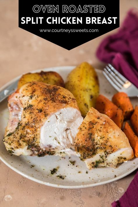 Oven Roasted Split Chicken Breast paired with seasoned potatoes and carrots make for the ultimate sheet pan dinner. 3 Ingredient Shortbread Cookies, Chicken Breast In Oven, 3 Ingredient Shortbread, Air Fried Zucchini, Split Breast Chicken Recipes, Best Baked Sweet Potato, Split Chicken, Lime Marinade For Chicken, Rolo Pretzels