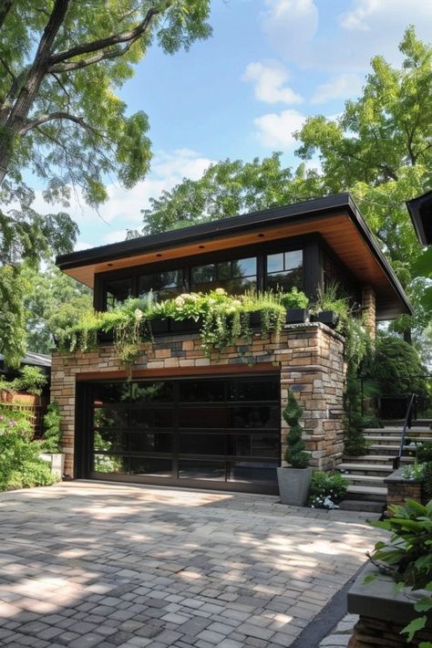 Green Roof Garden Garage Green Roof, Garage Style Interior, Small Home Architecture, Shed Roof Addition, Industrial House Design Exterior, Modern House Garage, Cinderblock House, Modern Garage Apartment, Small House Garage