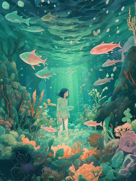 Premium AI Image | A woman in a green dress stands in an underwater world with fish and a fish swimming around her. Surreal Underwater Art, Drawing Underwater Scenes, Underwater Fish Drawing, Half Underwater Art, Underwater Art Reference, Gouache Underwater, Fish Underwater Drawing, Under Water Illustrations, Water Art Ideas