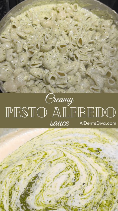 CREAMY PESTO ALFREDO SAUCE Unique Alfredo Recipes, Aldentediva Recipes, Pesto Alfredo Sauce Recipe, Pesto Alfredo Sauce, Easy Homemade Alfredo, Pesto Alfredo, Baked Italian Meatballs, Pesto Sauce For Pasta, Pesto Sauce Recipe